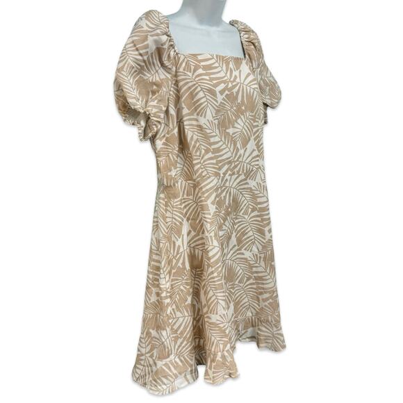 Ann Taylor LOFT Tan Palm Leaf Linen Square Neck Puff Sleeve Dress sz 12 NEW Tags - Picture 10 of 13